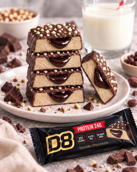 D8 Double Chocolate protein bar showing its chocolate coating and centre