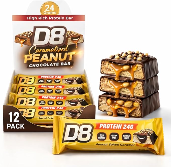 D8 Peanut Salted Caramel Protein Bar - 24g Protein, No Added Sugar, Gluten Free - 12 Pack