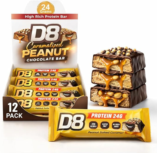 D8 Peanut Salted Caramel Protein Bar - 24g Protein, No Added Sugar, Gluten Free - 12 Pack