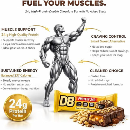 D8 Peanut Salted Caramel Protein Bar - 24g Protein, No Added Sugar, Gluten Free - 12 Pack