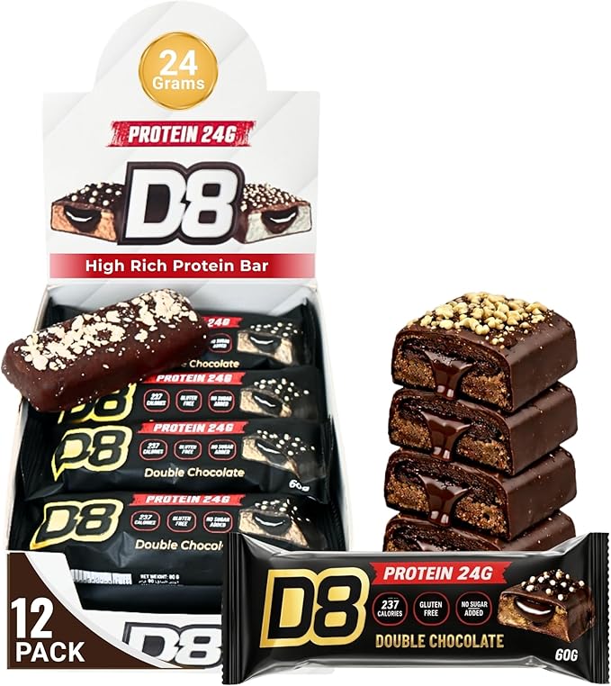 D8 Double Chocolate Protein Bar - 24g Protein, No added Sugar, Gluten Free, Low Calorie - 12 Pack