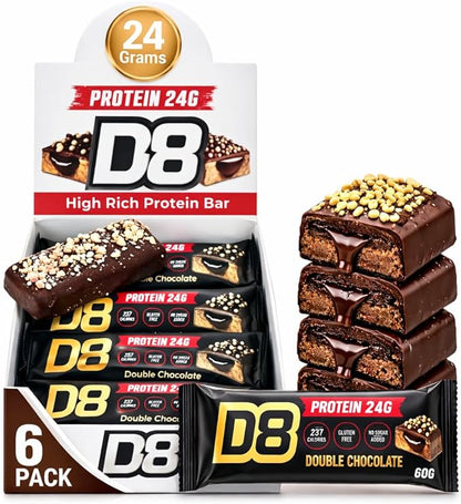 D8 Double Chocolate Protein Bar - 24g Protein, No added Sugar Gluten Free, Low Calorie - 6 Pack