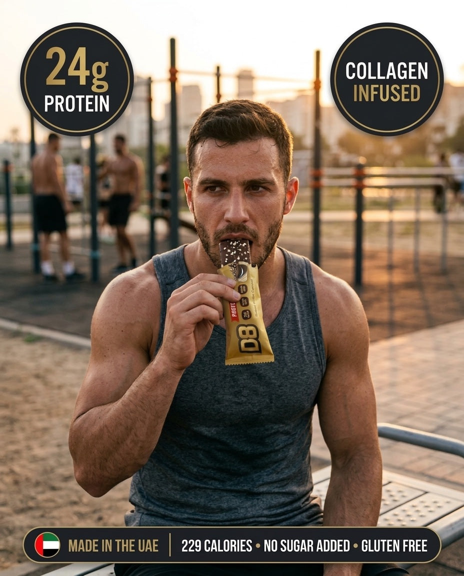 Man holding a D8 Peanut Salted Caramel protein bar outdoors