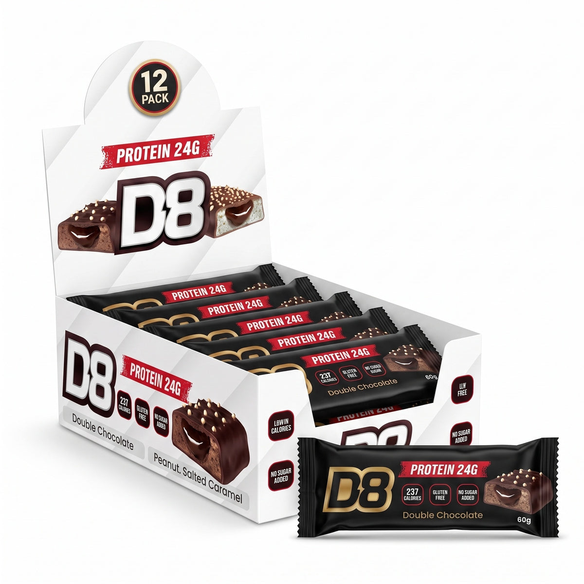 D8 Double Chocolate protein bars 12-pack display box with one bar unwrapped in front