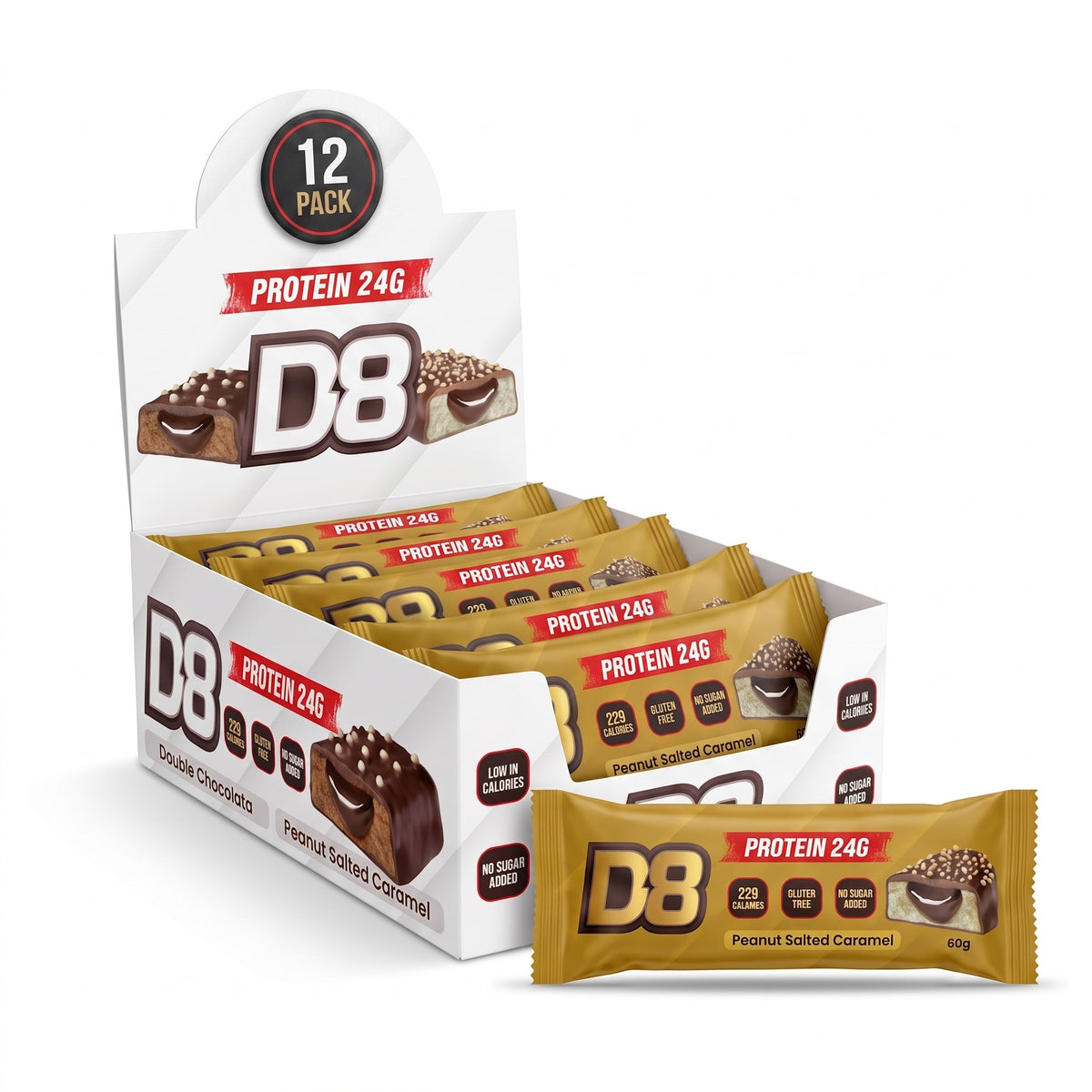 D8 Peanut Salted Caramel protein bars 12-pack with 24g protein