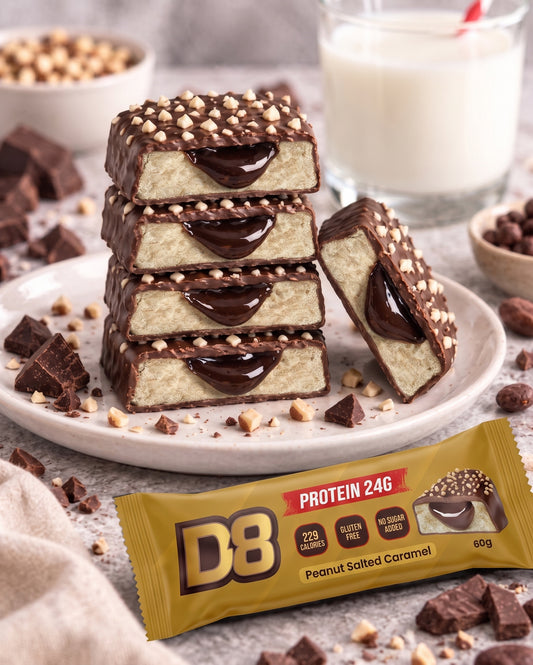 D8 Peanut Salted Caramel protein bar with chocolate and peanuts