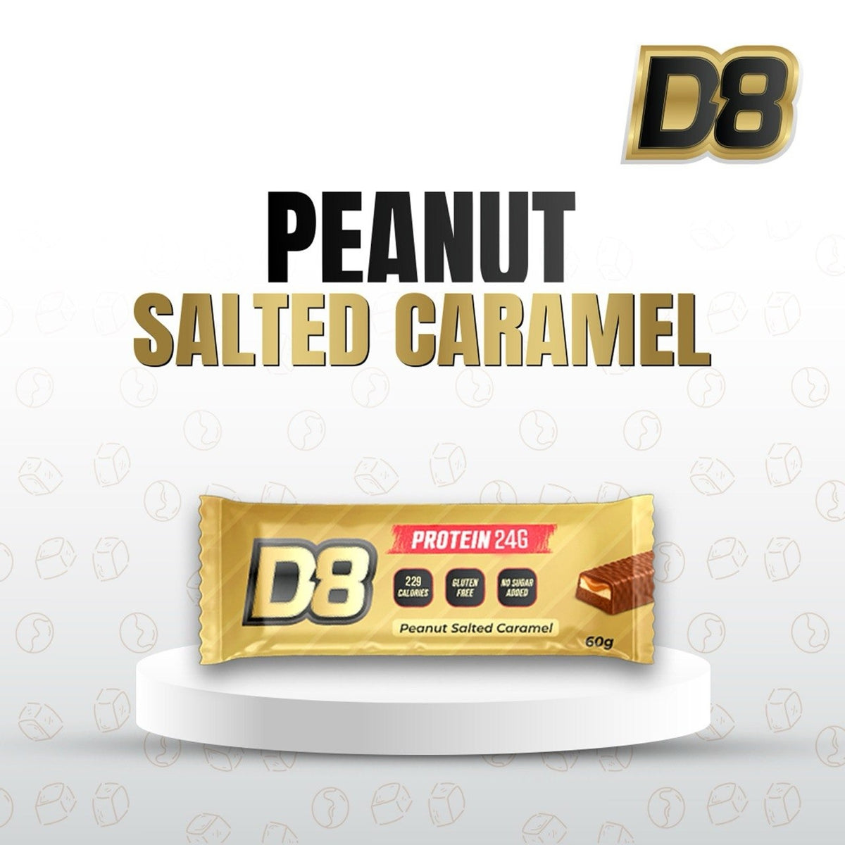 D8 Peanut Salted Caramel protein bar wrapper, 24g protein, single 60g bar