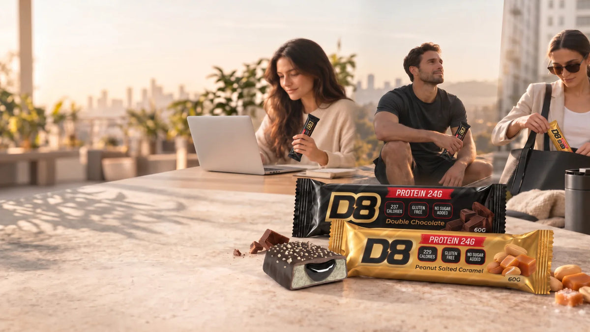 Three people at an outdoor table with D8 Double Chocolate and Peanut Salted Caramel protein bars, desktop hero image