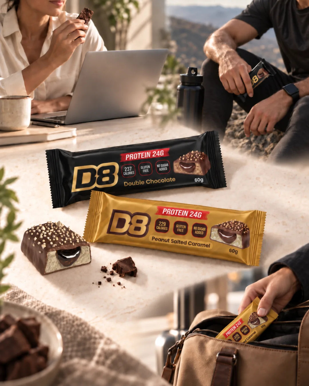 D8 Double Chocolate and Peanut Salted Caramel protein bars on a table, mobile hero image
